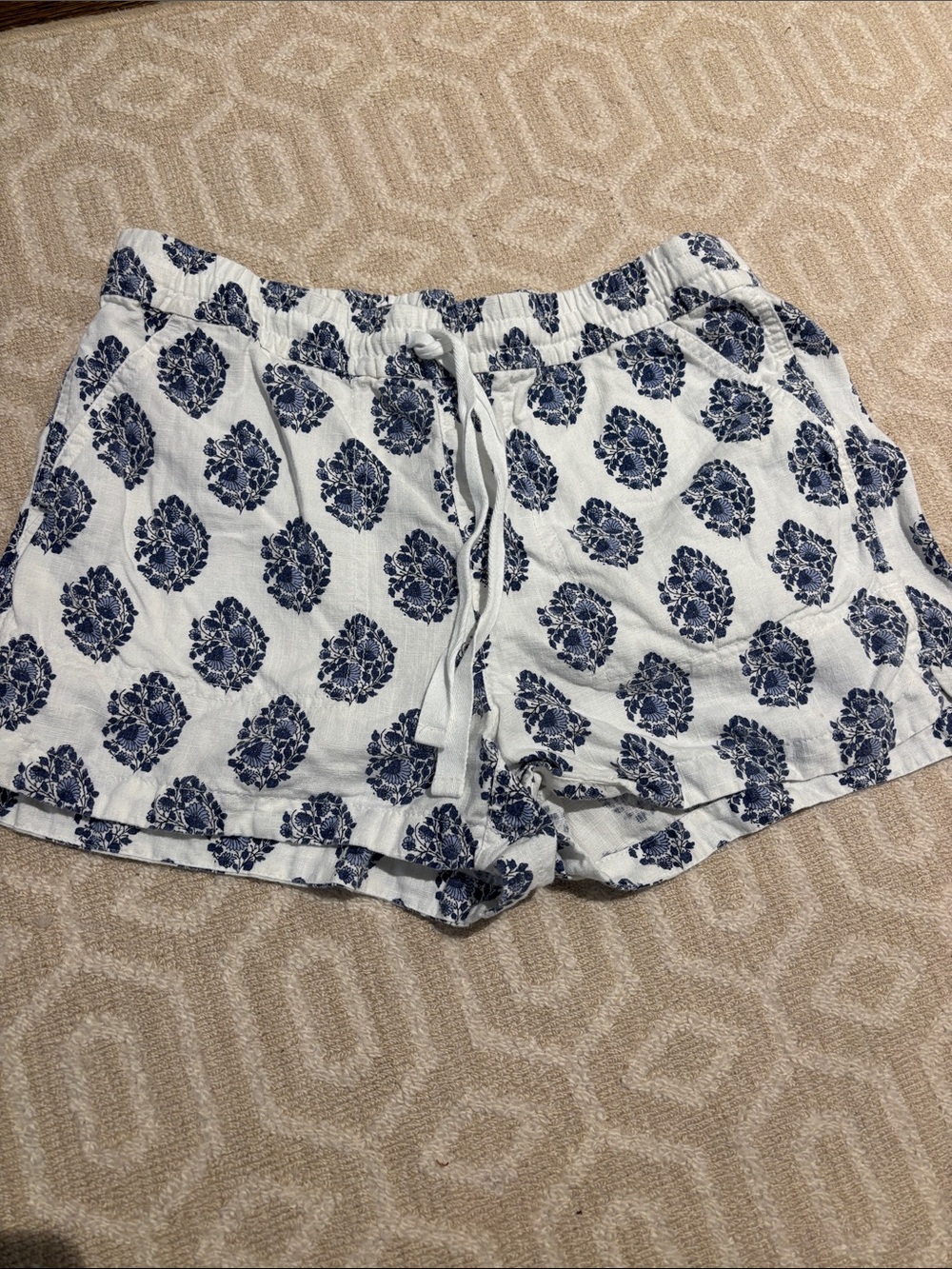 J. Crew White High Waist Shorts with Navy Floral Medallions